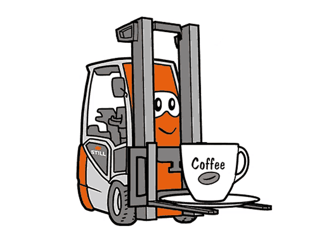 a cartoon drawing of a forklift holding a cup of coffee