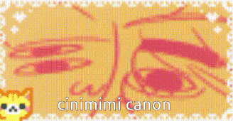 a pixel art of a woman 's eyes with the words cinimimi canon written on it .
