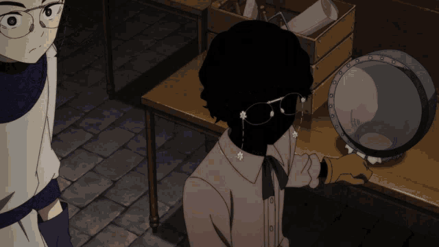 a cartoon character with glasses and a black face is standing next to another character
