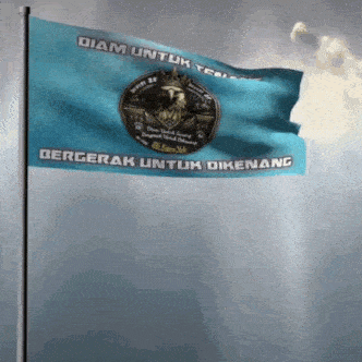 a blue flag that says bergerak untuk dikenang is flying in the wind