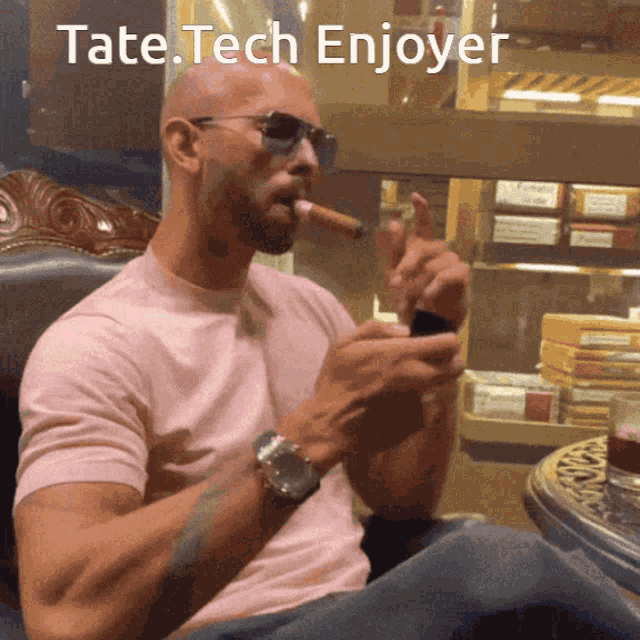 a man smoking a cigar with the words " tate tech enjoyer " below him
