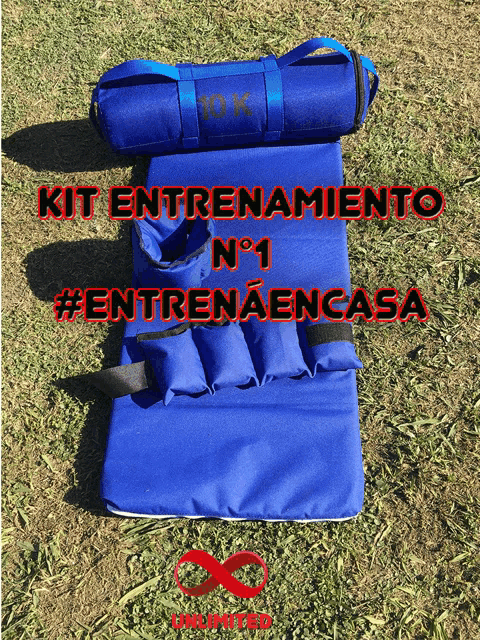 a blue bag with the words kit entrenamiento no 1 #entrenaencasa written on it
