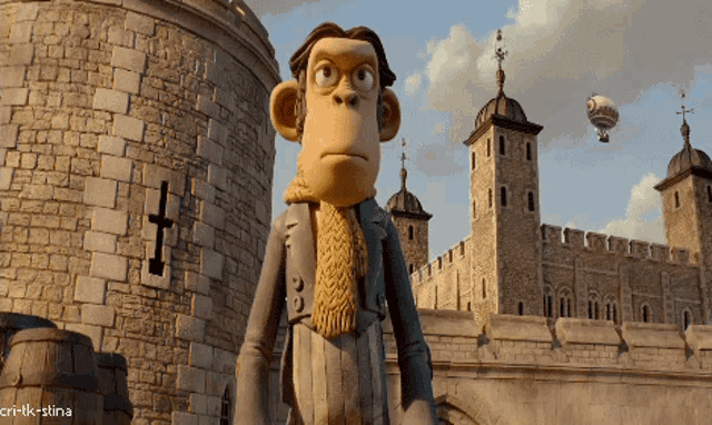 a cartoon character standing in front of a castle with the words critk-stina written on the bottom