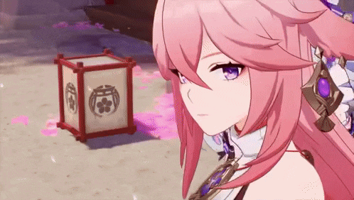 a girl with pink hair and blue eyes is standing in front of a lantern .