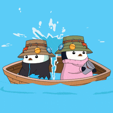 two penguins in a boat with one wearing a hat and a scarf