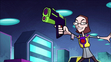 a cartoon character is holding a green and purple toy gun