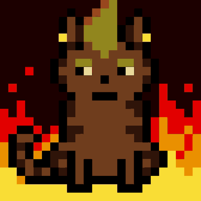 a pixel art of a cat with green eyes and a yellow tail