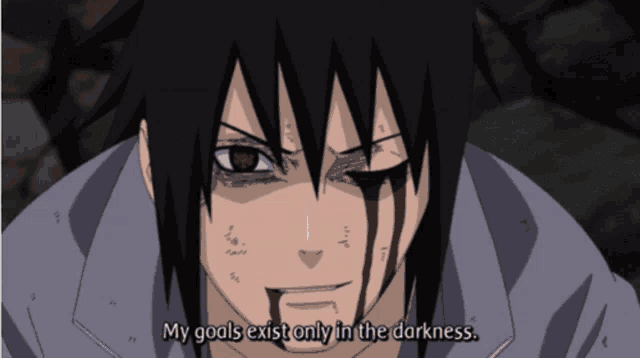 a cartoon character with blood on his face and the words my goals exist only in the darkness below him