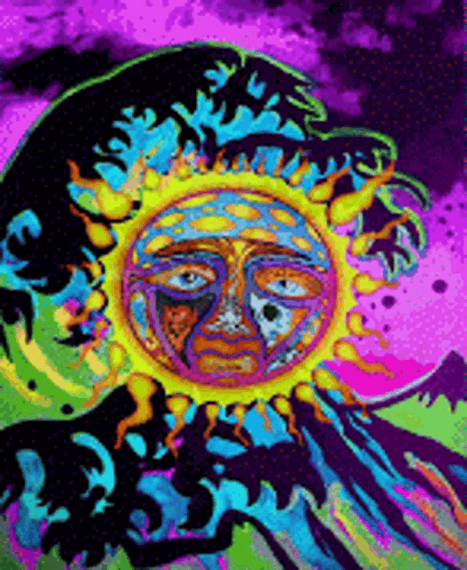 a psychedelic painting of a sun with a face on it