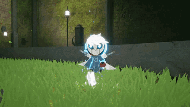 a cartoon character is standing in the grass with a sword in his hand