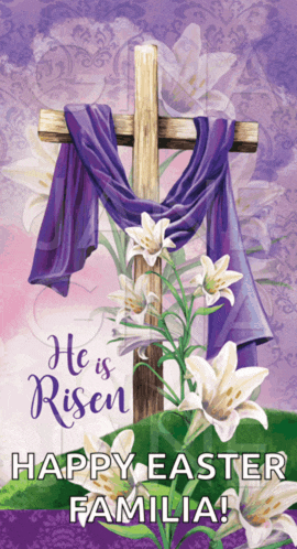 a cross with a purple scarf around it and the words he is risen