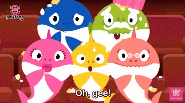 a group of baby sharks are sitting in a theater and one of them is saying oh gee