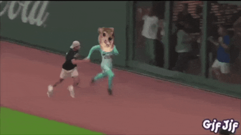 a gif of a mascot running on a track with the words gif jif on the bottom