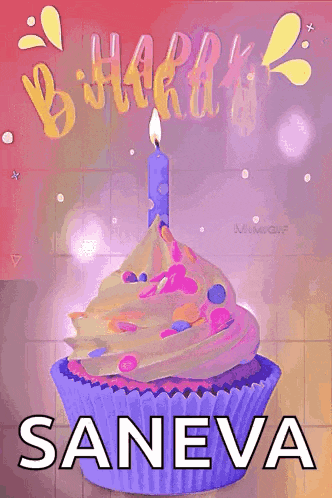 a purple cupcake with a candle on top of it and the name saneva on it .