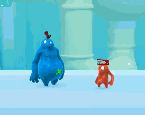 a blue monster with a green star on its chest stands next to an orange monster