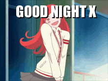 a girl with red hair is standing in front of a door with the words good night x above her