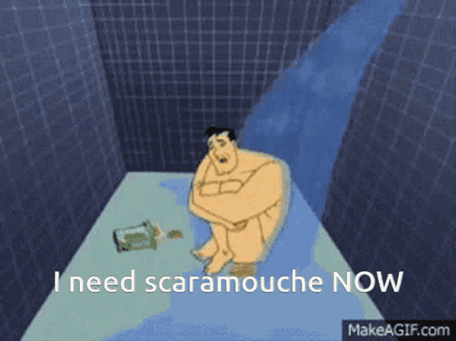 a cartoon of a man sitting in a bathtub with the words " i need scaramouche now " below him