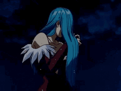 a woman with blue hair and a red dress
