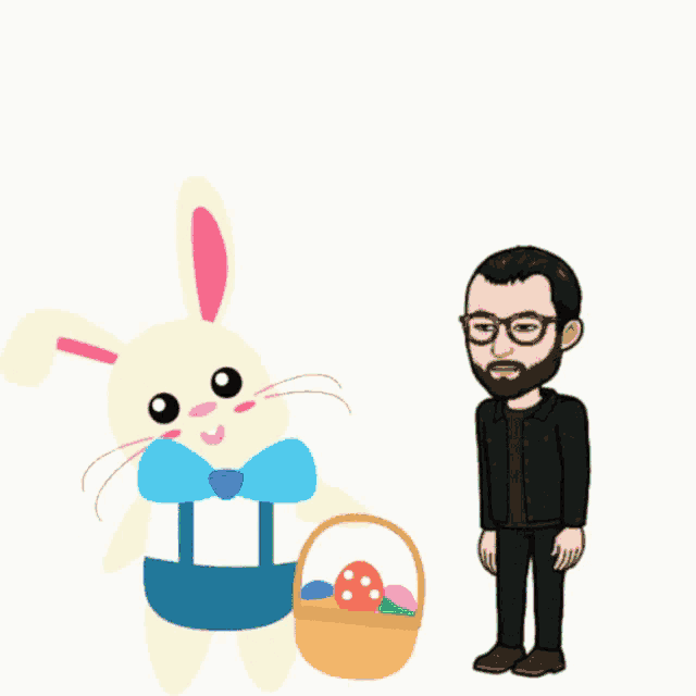 a man standing next to an easter bunny with a basket full of eggs