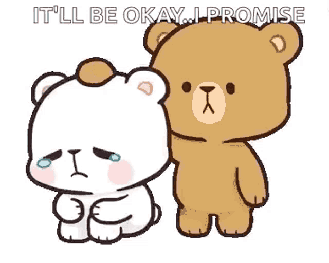 a couple of teddy bears are standing next to each other and one is crying .