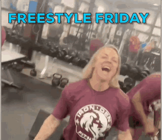 a woman in a maroon shirt is laughing in a gym with the words freestyle friday above her