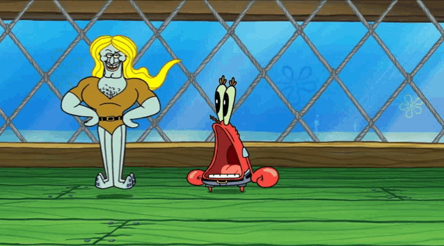 a cartoon of a man and a crab with their mouth open