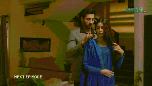 a man and woman are standing next to each other and the next episode is written on the bottom