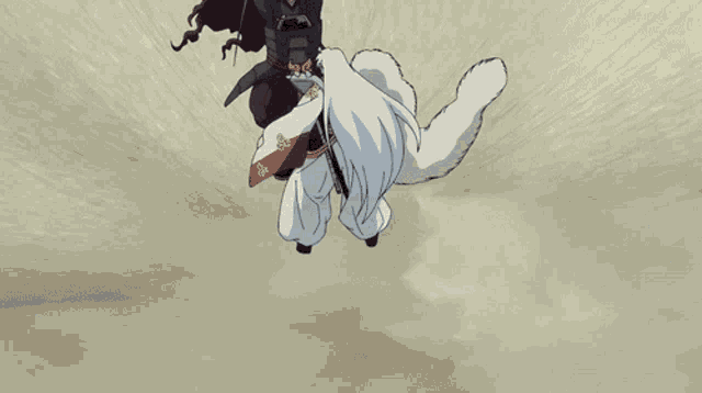 a person with a sword is flying through the air