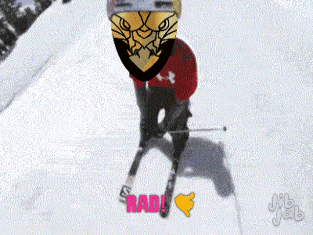 a person skiing down a snow covered slope with the word rad written in pink
