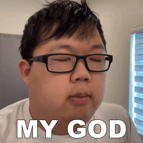 a man wearing glasses has his eyes closed and the words my god above his face