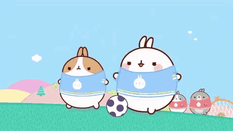 two cartoon rabbits wearing blue sweaters are standing next to each other in front of a soccer ball