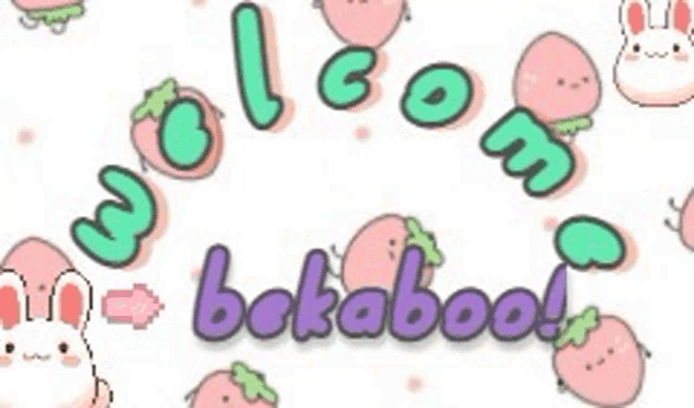 a cartoon illustration of strawberries and rabbits with the words `` welcome bakaboo '' written in the middle .