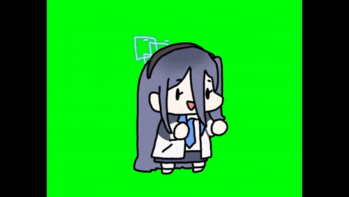 a cartoon of a girl with long hair and a blue tie on a green screen .