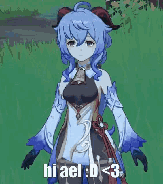 a girl with blue hair and horns is standing in a field and waving .