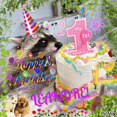 a raccoon wearing a party hat sniffing a birthday cake