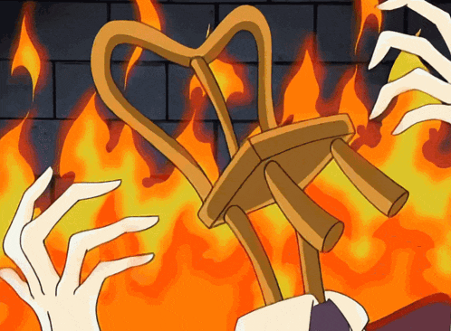 a cartoon drawing of a person holding a chair in front of a fire
