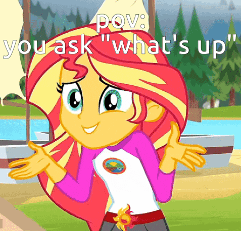a cartoon of sunset shimmer from my little pony equestria girls asking " what 's up "