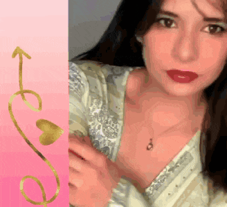 a woman wearing a necklace and red lipstick is next to a gold arrow with a heart on it