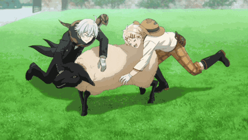 two anime characters playing with a sheep in a field