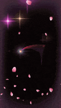 a woman is surrounded by purple lights and petals and a wand with a crescent moon on it