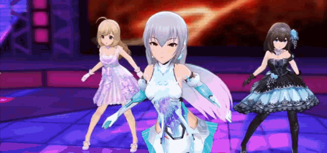 three anime girls are dancing on a stage with one wearing a white dress