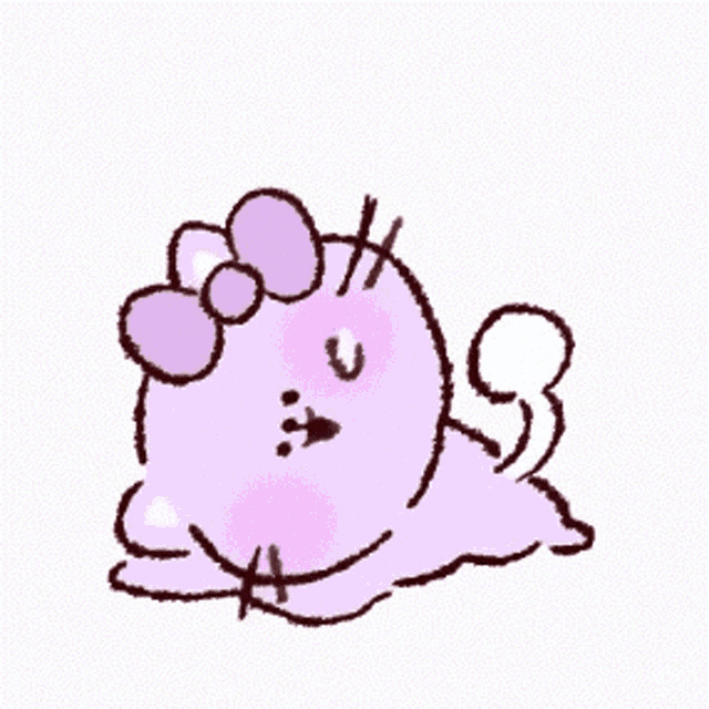 a cartoon drawing of a purple cat with a bow on its head