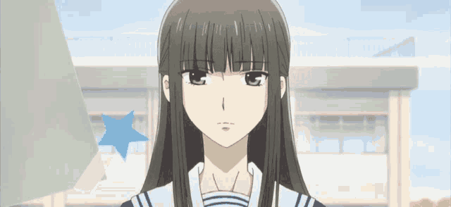 a girl with long black hair is wearing a school uniform