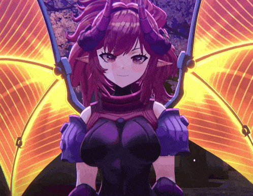 a girl with purple hair and horns is wearing a purple and yellow outfit