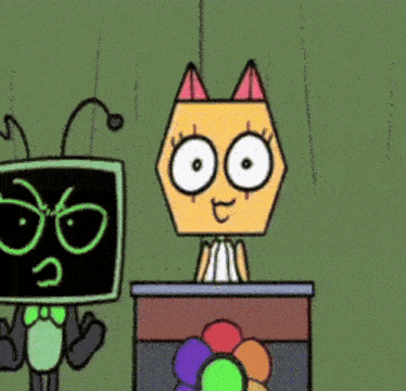a cartoon character is standing at a podium with a flower in the background