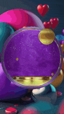 a purple circle surrounded by balloons and hearts
