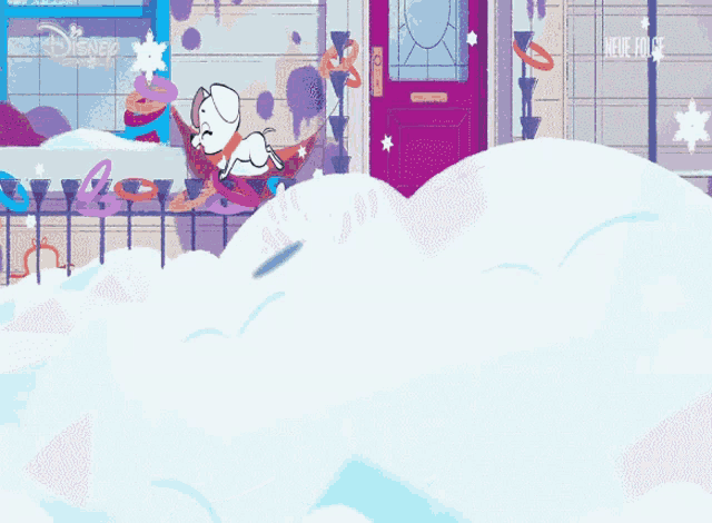 a cartoon drawing of a dog in the snow with a disney logo in the corner