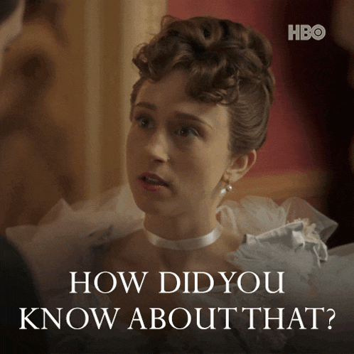 a woman talking to a man with the words how did you know about that on the bottom