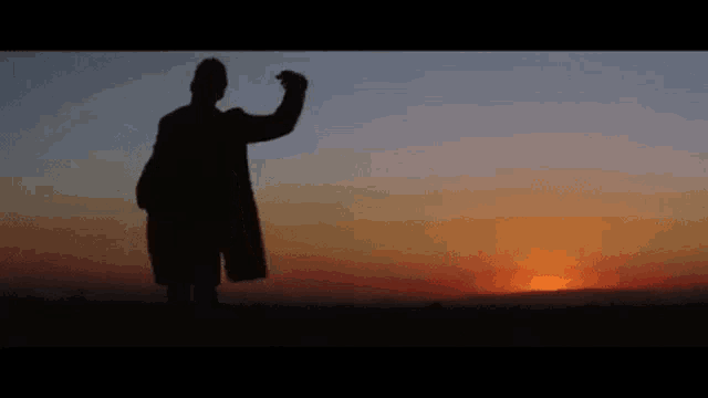 a silhouette of a person standing in front of a sunset with their hand in the air