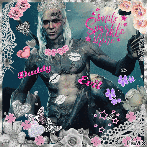 a picture of a man with the words daddy evil written on his body